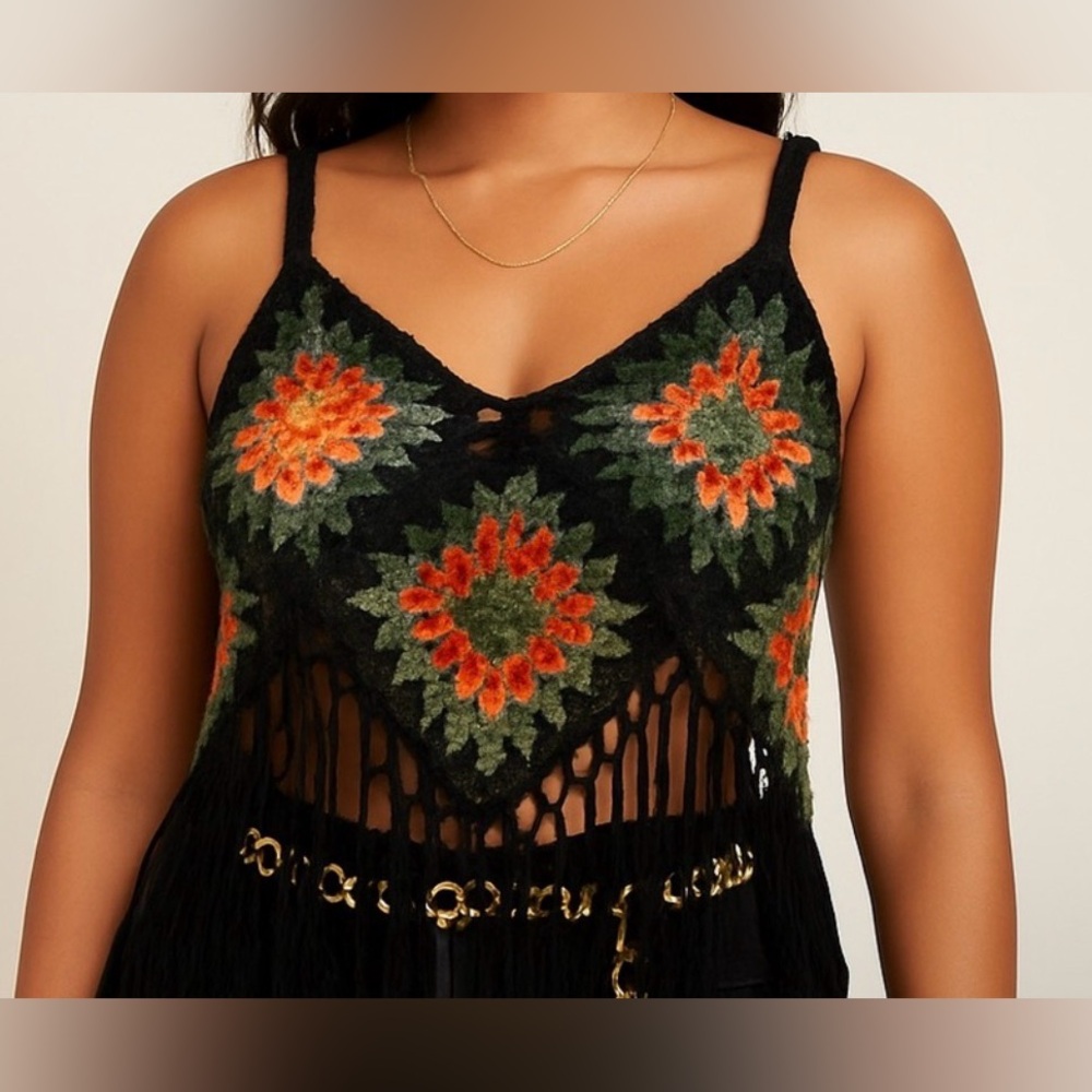 Boho Granny Square Crochet Fringe Top – Sz. SMALL
